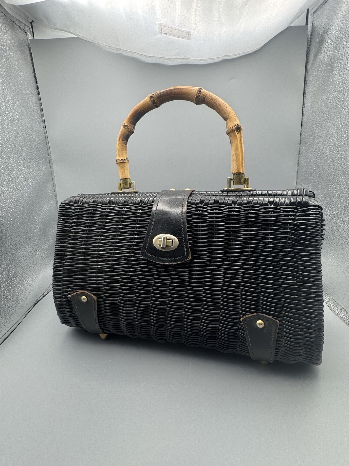 Vintage Black Wicker Purse Handbag w/ Bamboo Handle Gold Hardware Leather Trim