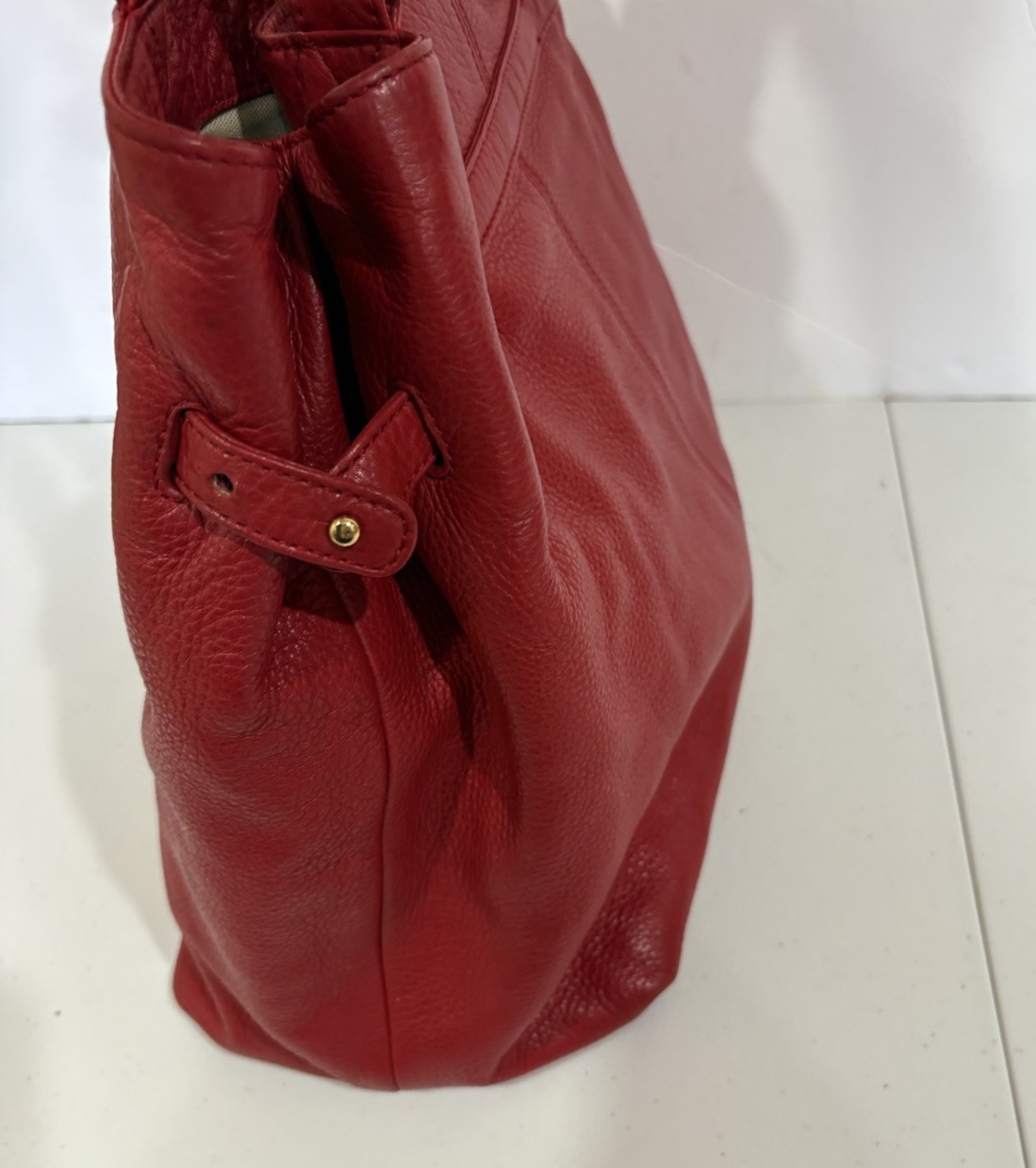 Tory Burch Amanda Red Pebbled Leather Shoulder Bag Tote Gold Tone Hardware