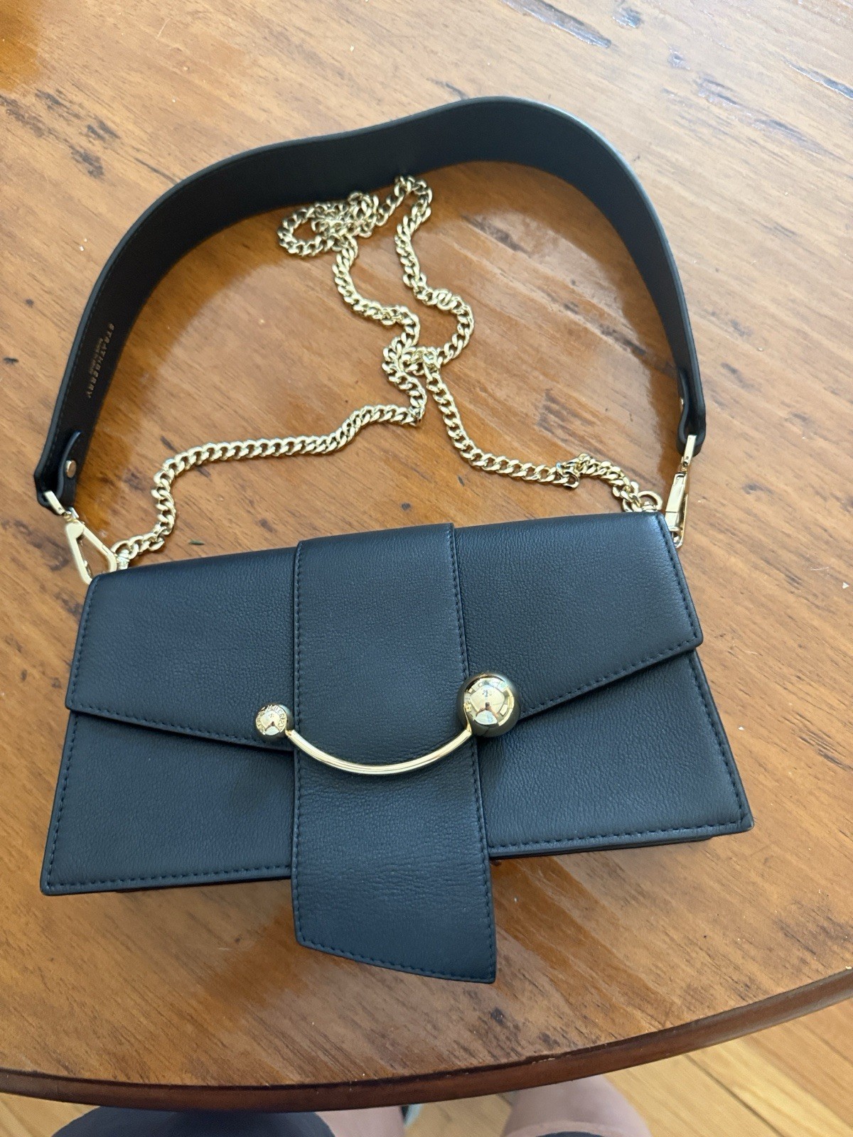 Strathberry Mini Crescent Black Bag Gold Bar, Detachable Straps, Box, Dust Bag