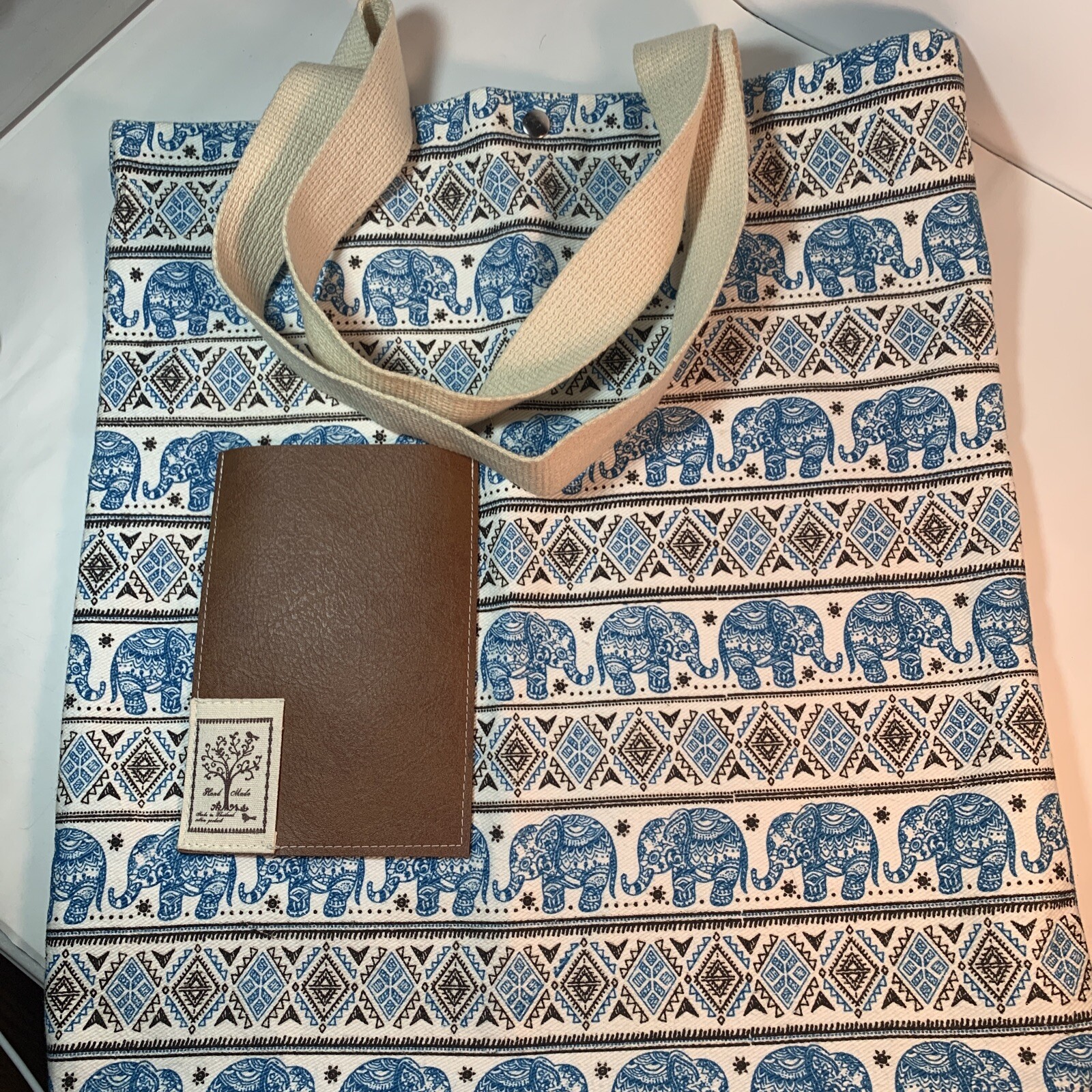 Large Elephant Print Tote Bag Hand Made Turquoise, Black, Cream 18”x15”x3.25”