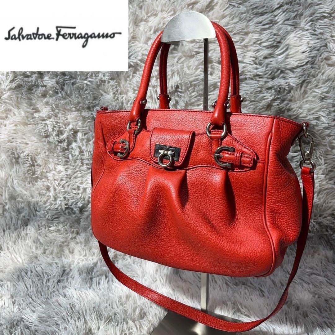 Ferragamo Handbag Gancini Red Shoulder Bag Red Women Used Authentic