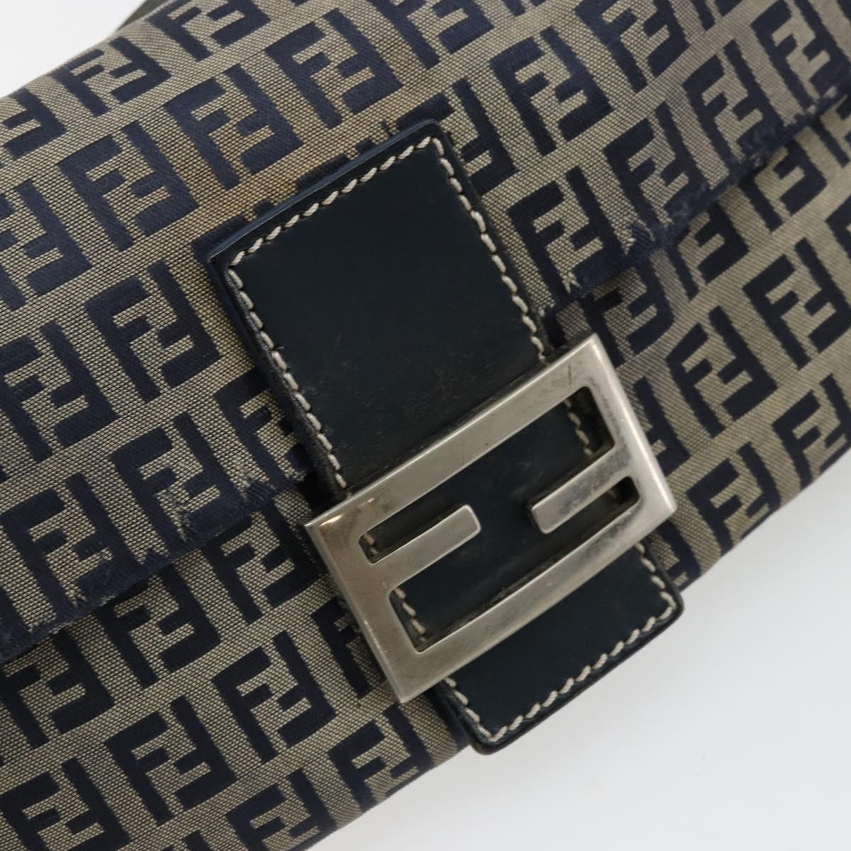 FENDI Zucchino Canvas Mamma Baguette Shoulder Bag Navy Silver Auth bs34528