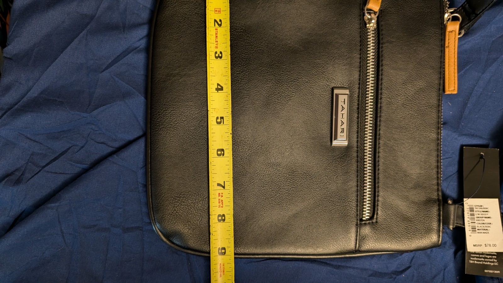 Tahari Black Crossbody Bag Adjustable Strap Silver Hardware Zip Front Pocket