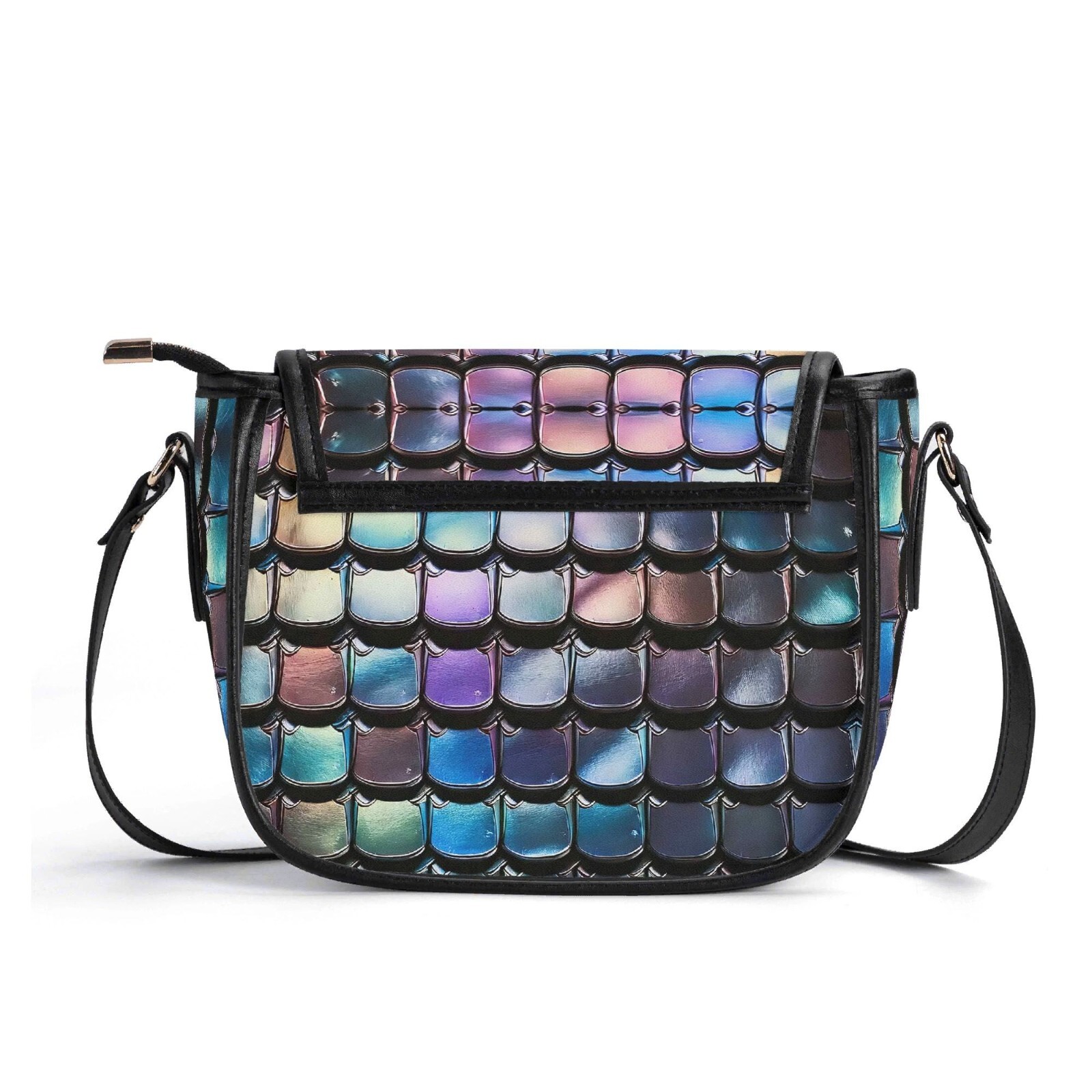Sequin Iridescent Scales Genuine Leather Saddle Shoulder Bag Handbag Purple Blue