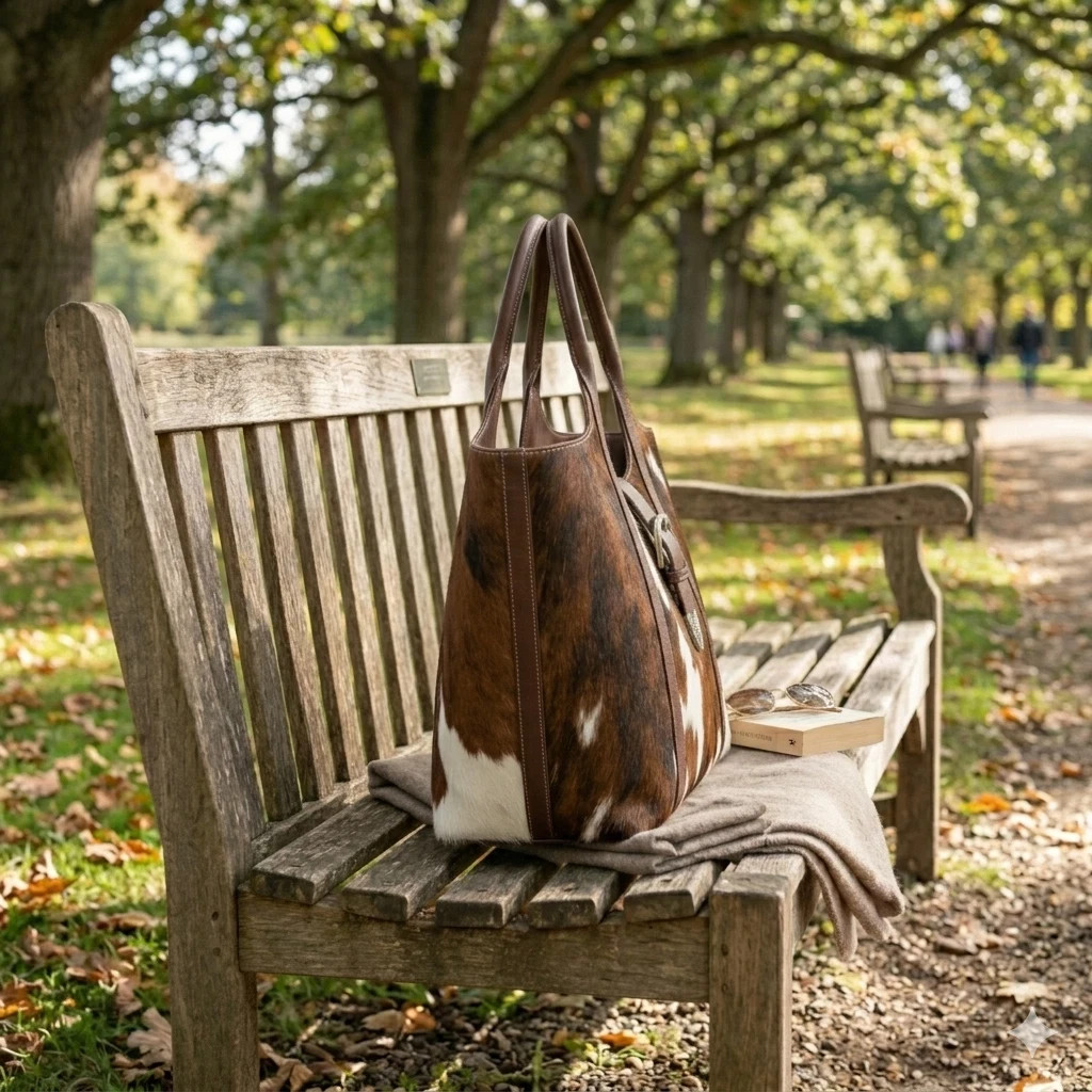 Genuine Cowhide Leather Tote Bag Hair-On Brown White Shoulder Handbag Western