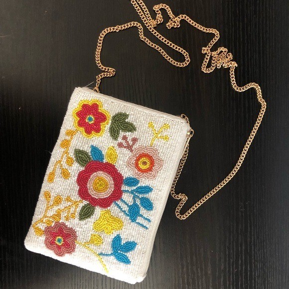 Jane Marie Beaded Floral Crossbody Bag White Gold Chain Strap Small Pouch Boho