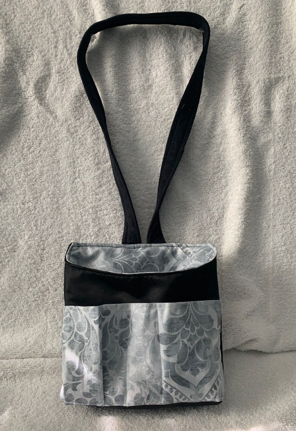 Home & Car Organizer Bag 3 outer pockets Black Grey print handmade Fabric NICE!
