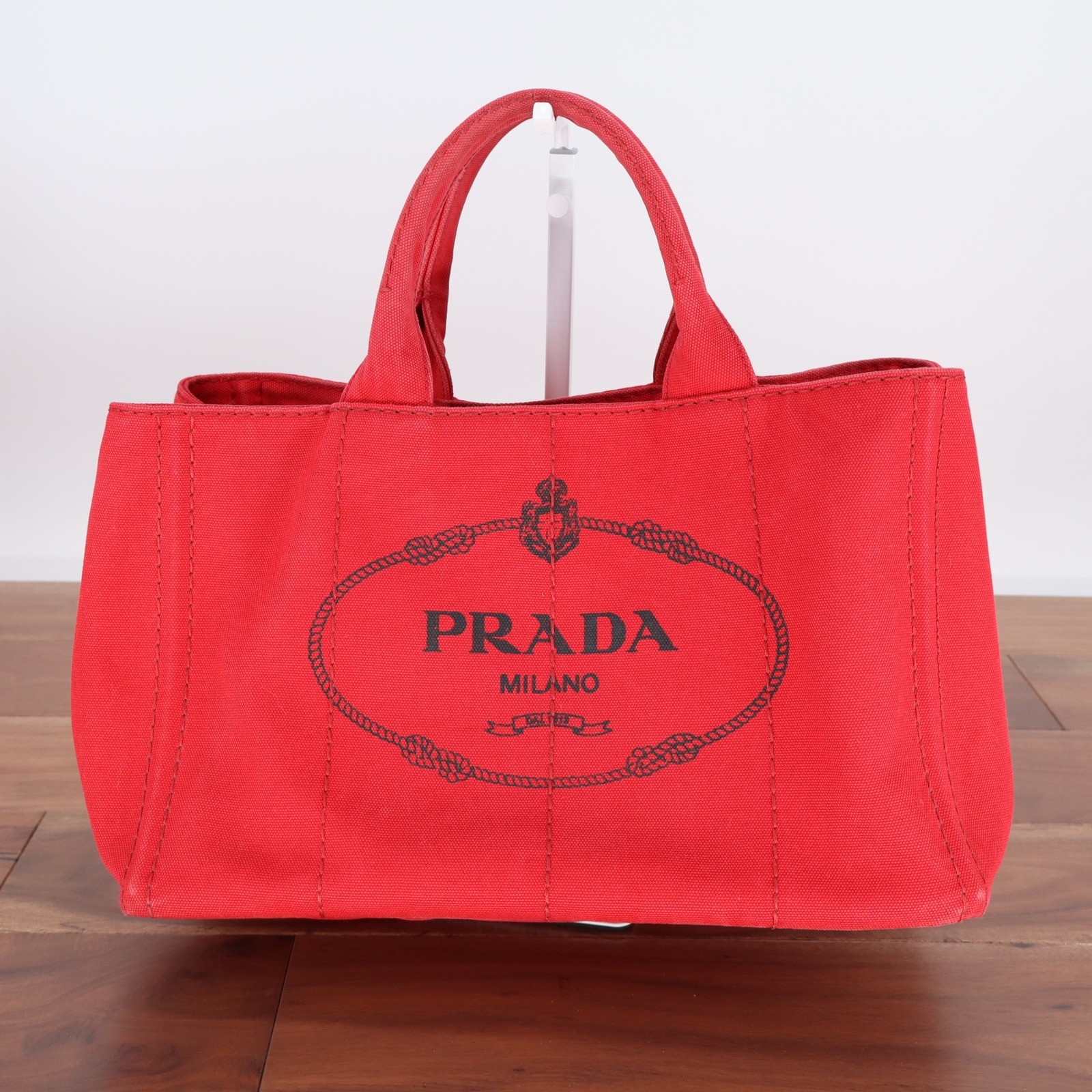 Prada Canapa Tote Bag Red Canvas Logo Handbag Rosso Gold Hardware