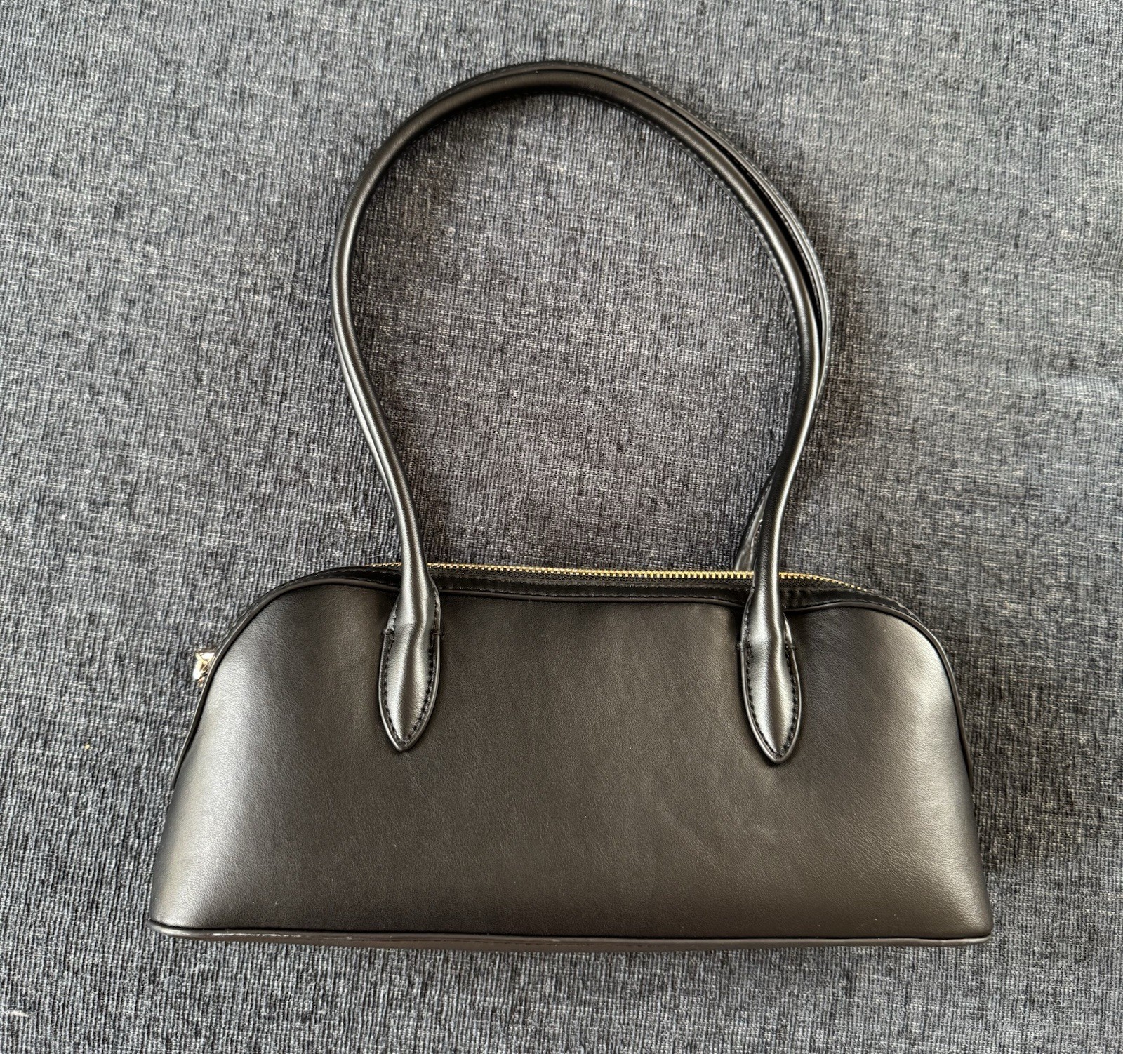 Black Faux Leather Shoulder Bag with Gold Accent Hardware