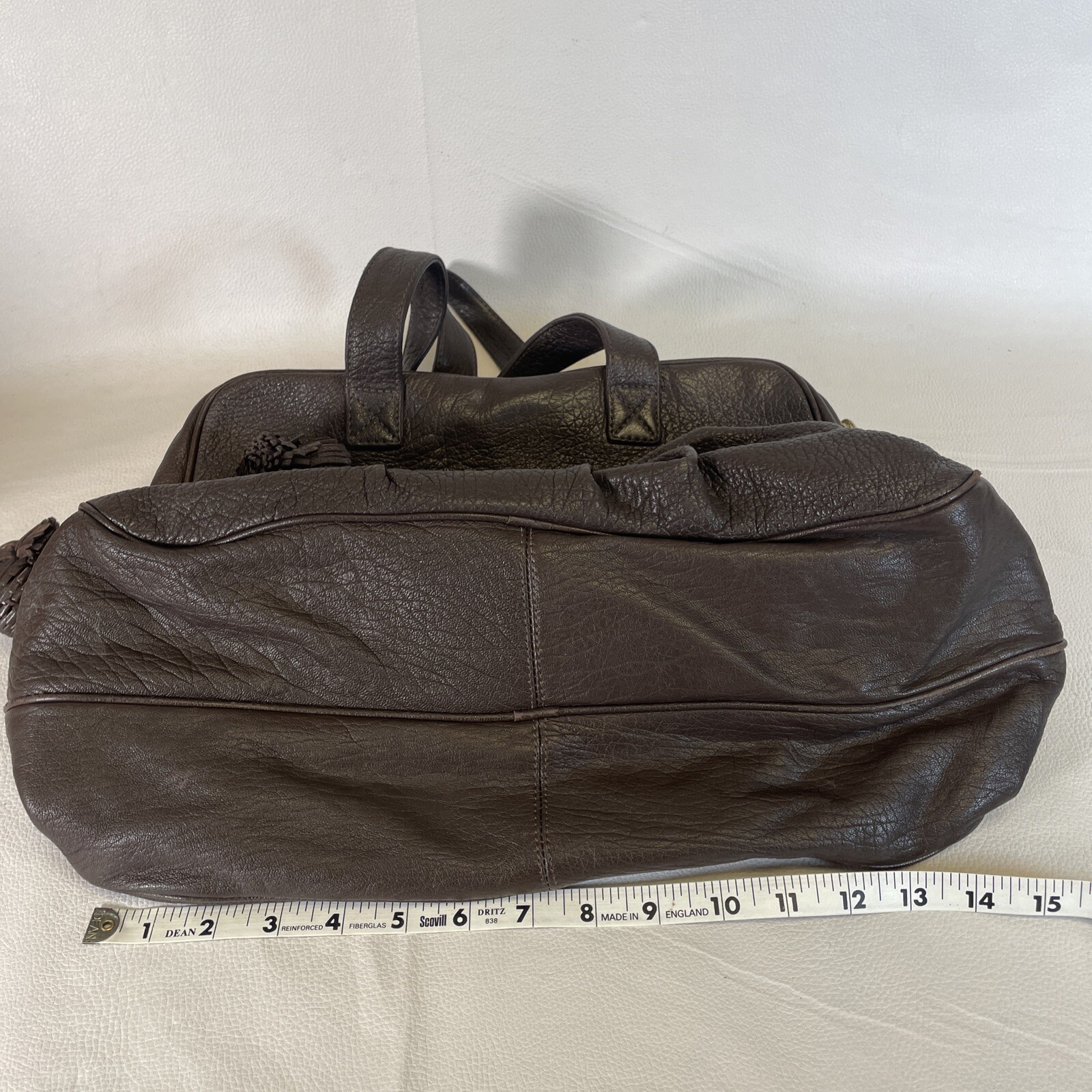 BULGA #4225 Dark Brown Pebble Leather Shoulder Bag With Pom Pom’s Purse