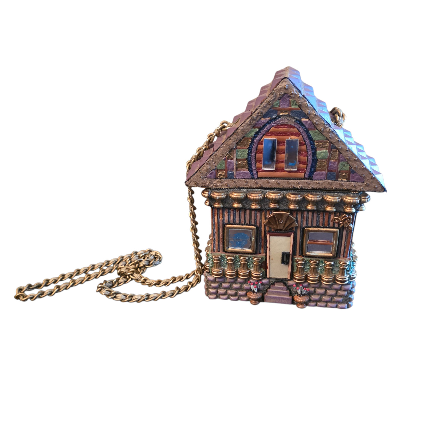 Wooden Hand Carved House Purse Novelty Box Bag Whimsical Cottage Style