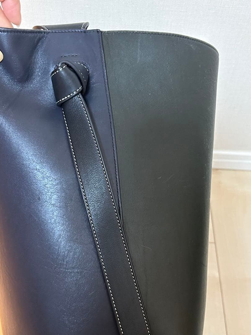 Auth Old Celine Twisted Cabas Navy Green Smooth Calfskin Leather Hobo Bag Japan