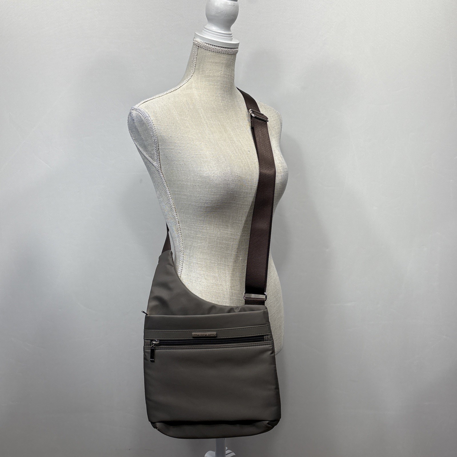 Hedgren Fate RFID asymmetric Crossbody Bag Sepia Brown Wide Strap Nylon Travel