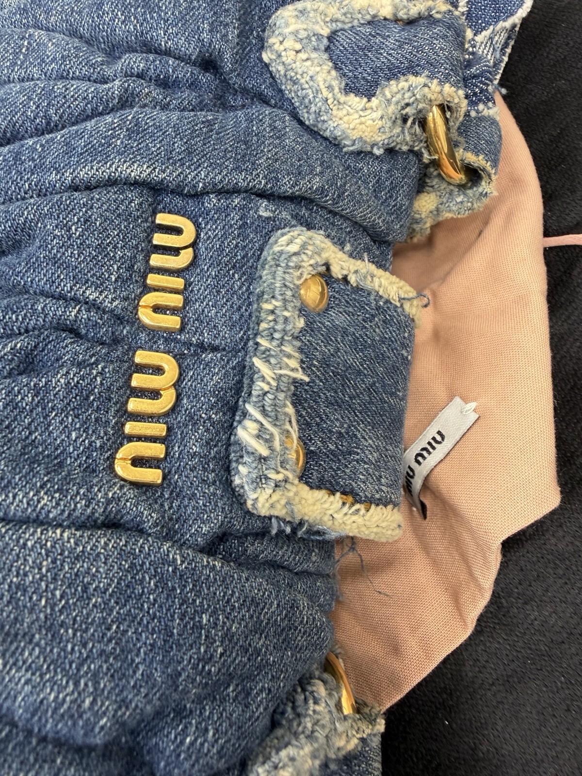 Miu Miu Bag Denim Purse Braided Quilted Small Handbag Gold Logo Hardware