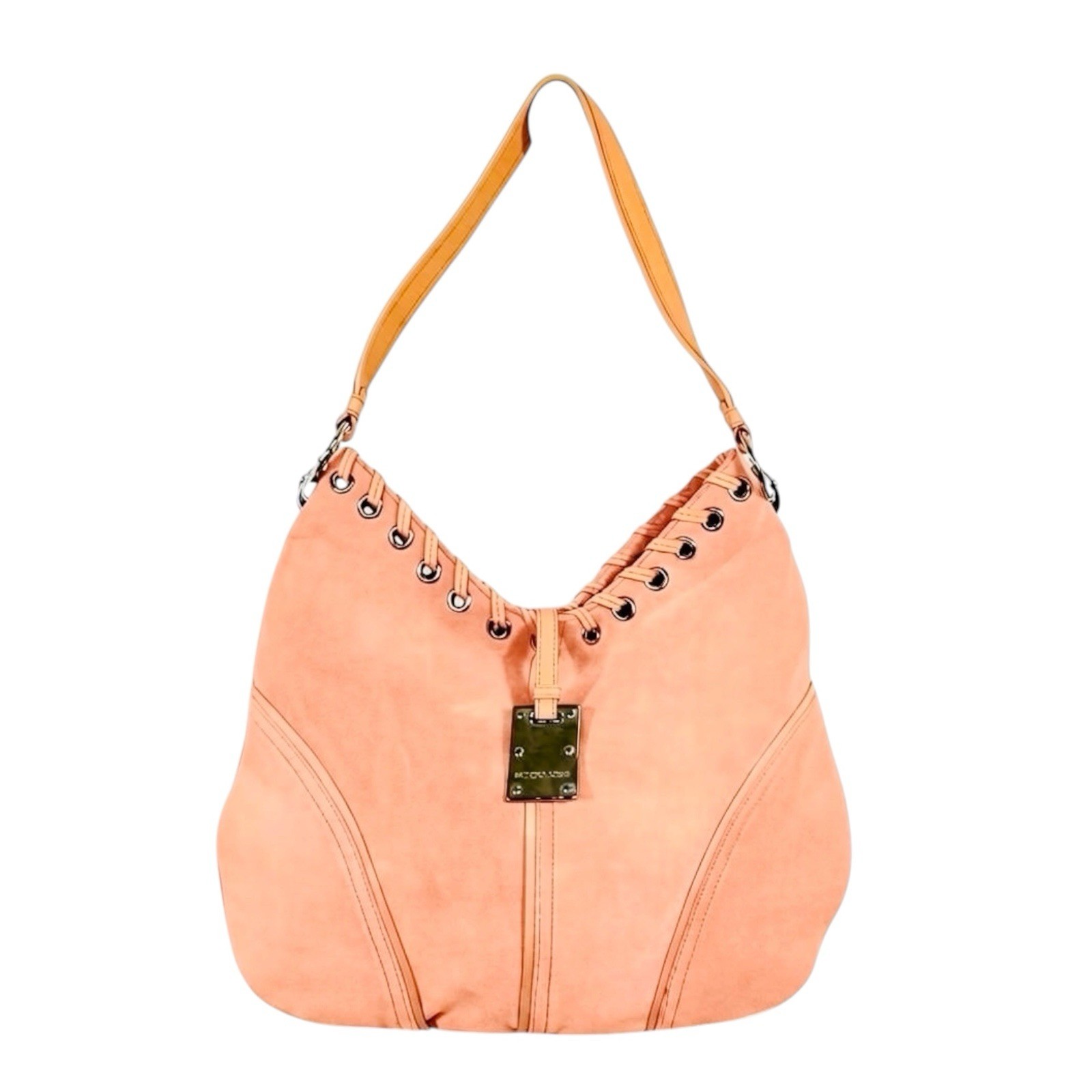 Sergio Rossi Coral Suede Hobo Bag Leather Laced Grommet Shoulder Purse Italy