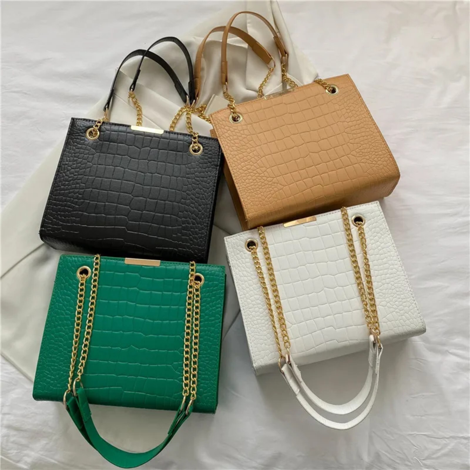 Green Croc Embossed Top Handle Satchel Handbag with Gold Chain Strap