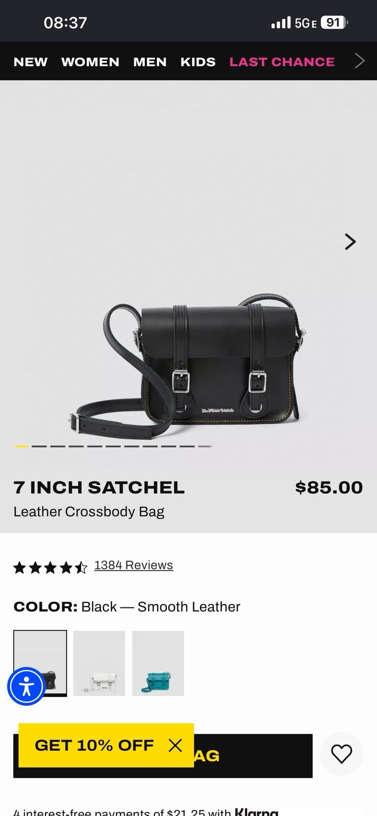 Dr. Martens Small Black Smooth Satchel Crossbody, Buckle Closure Silver HW