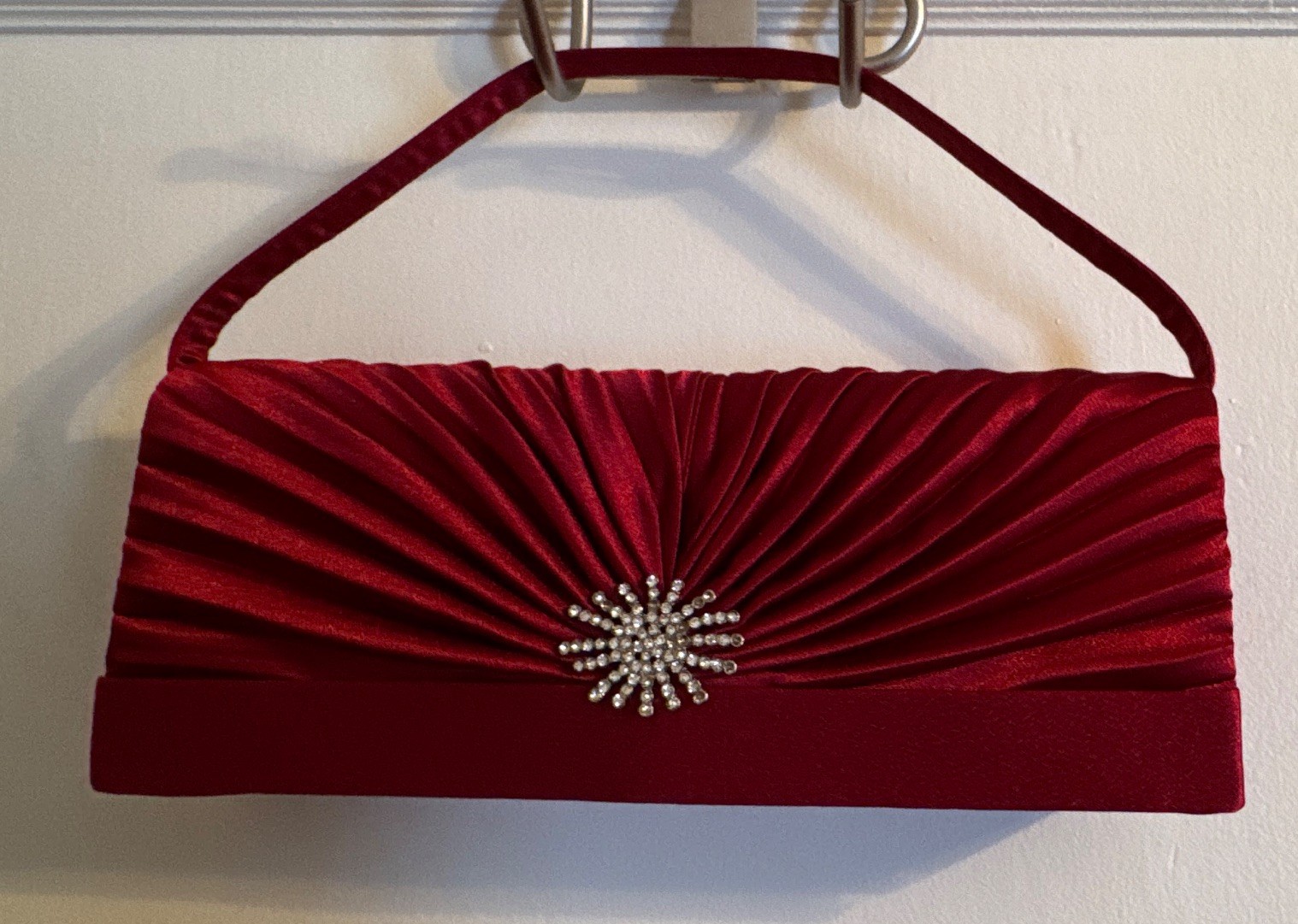 Red Pleated Clutch Purse Rhinestone Accent Detachable Strap Magnetic Snap Lined