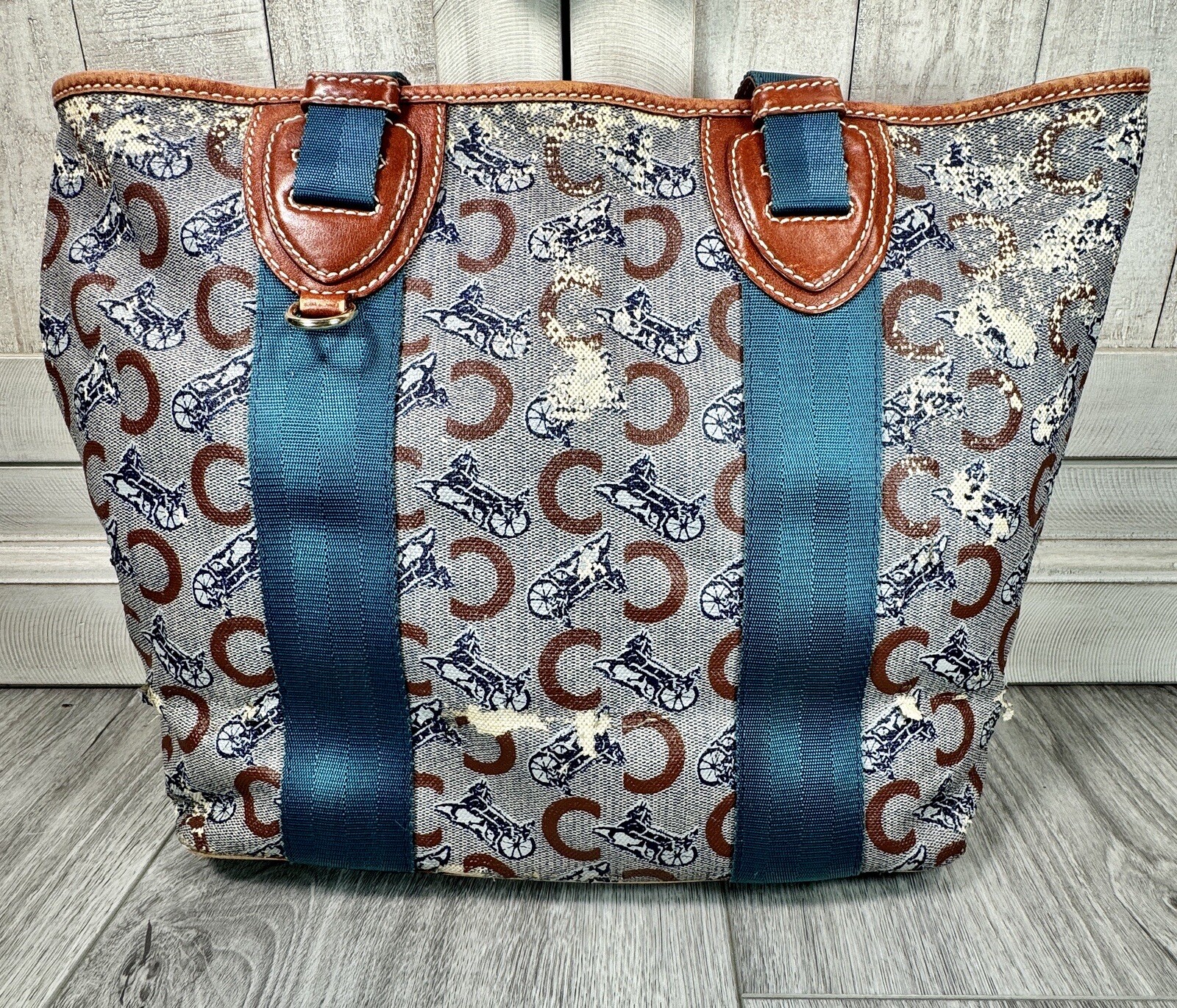 Celine Macadam Pattern Shoulder Bag Tote Authentic Brown Logo Aqua Handles