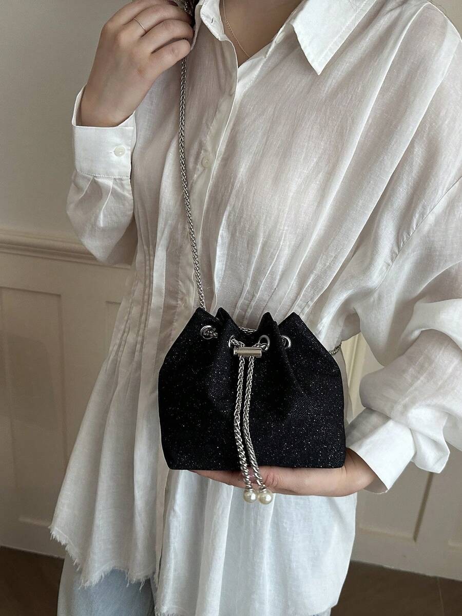 Mini Drawstring Bucket Bag Women Chain Strap Crossbody Shoulder Handbag