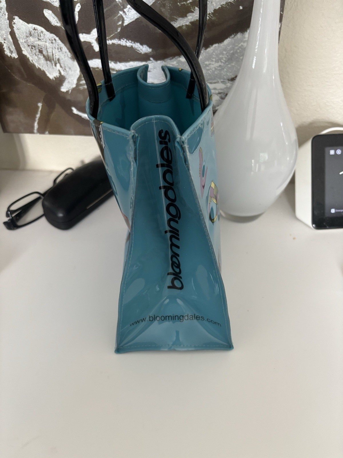 Bloomingdales Small Tote Shopper Lunch Sack Vinyl Plastic Blue 9×8 Shoes Cute!