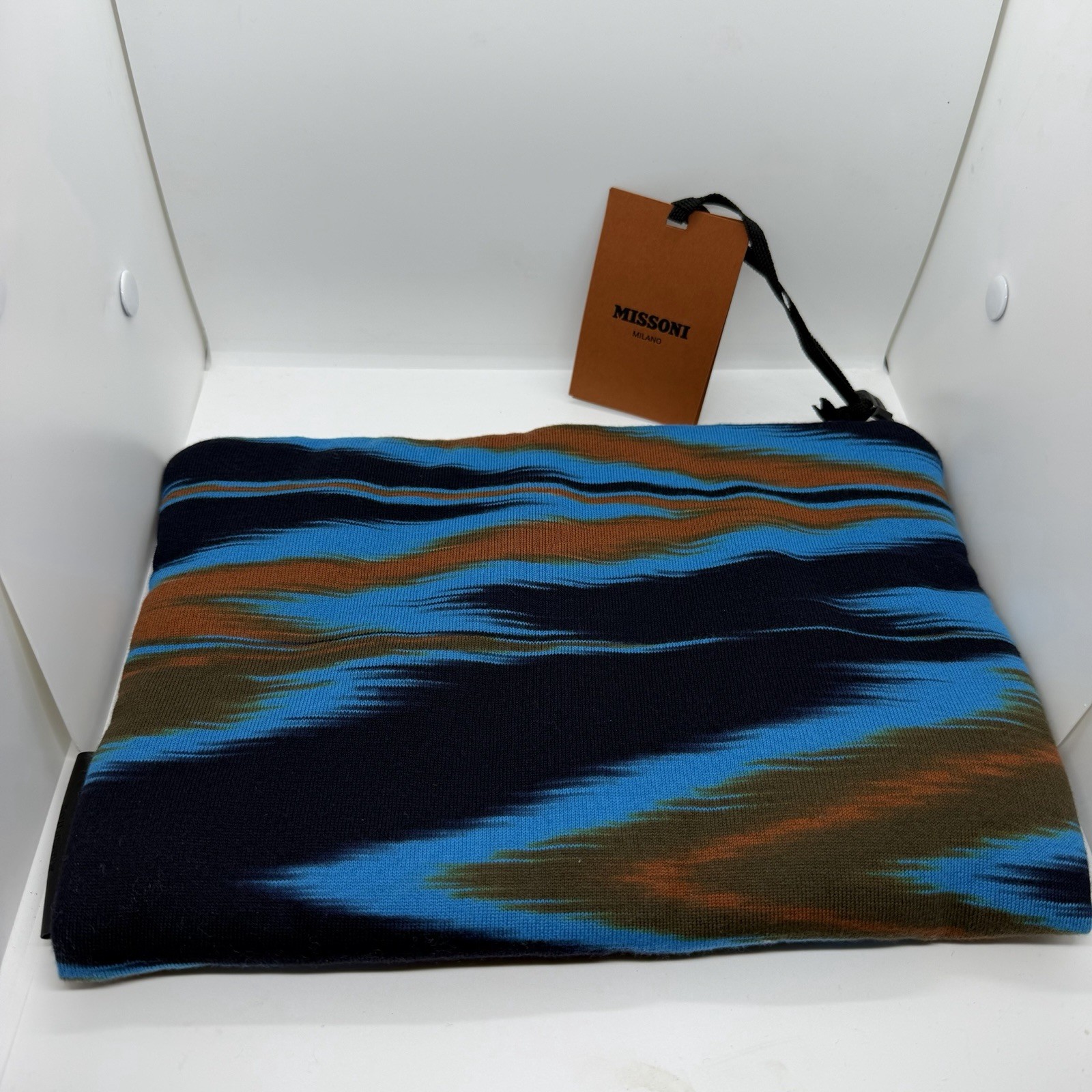 Missoni Milano Knit Pouch Clutch Space Dye Flame Stitch Blue Orange NWT Italy