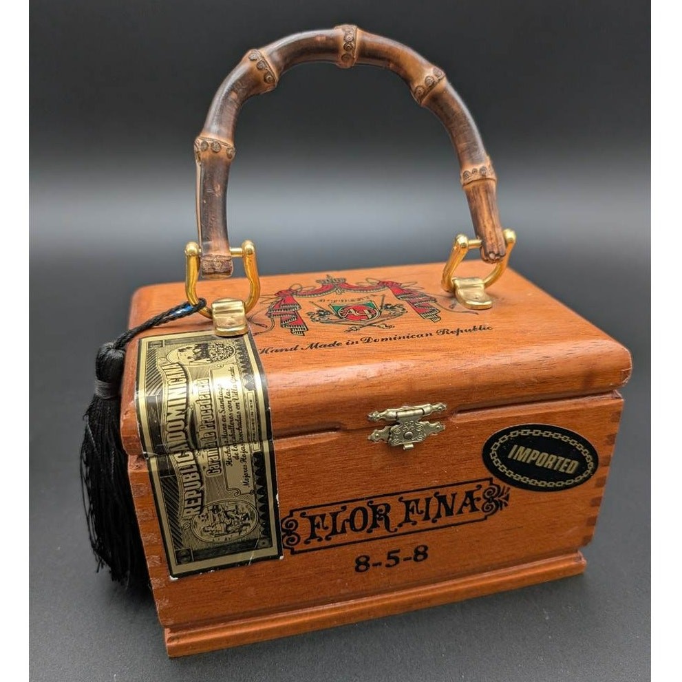 Cigar Box Purse A. Fuente Bamboo Handle Metal Latch Dominican Republic Boho