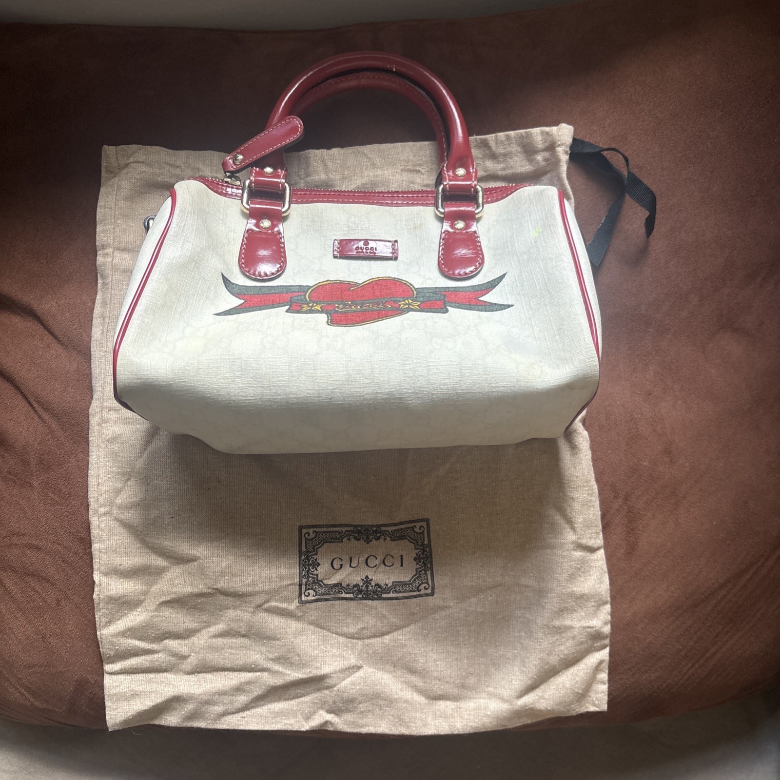 Gucci Small Supreme Joy Tattoo PVC Canvas Heart Boston Bag Off White Used Read