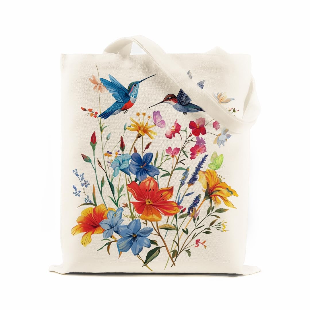 Odebyata Hummingbird Flower Tote Bag, Aesthetic Canvas Spring Medium, Beige