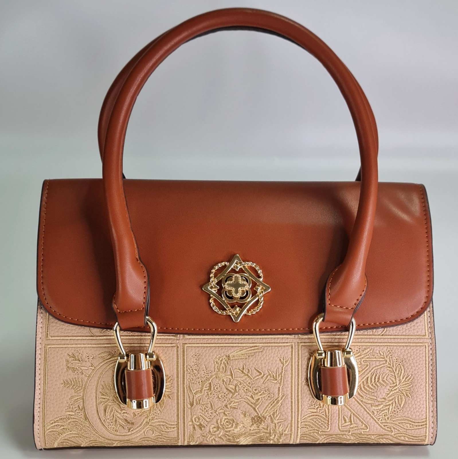 Embroidered Top Handle Satchel Crossbody Bag Brown Beige Floral Gold Hardware