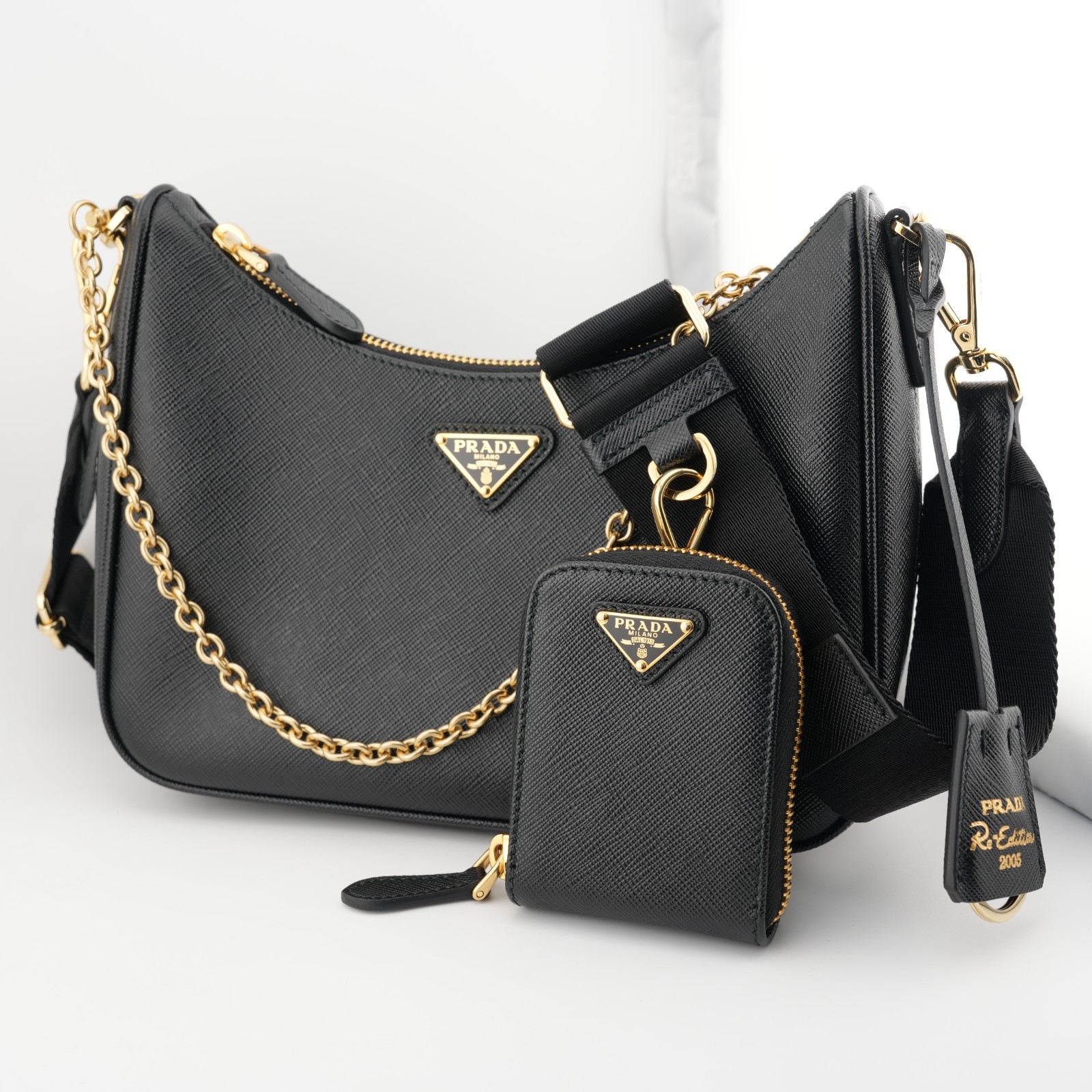 PRADA Re-Edition 2005 Black Gold Saffiano Leather Shoulder Bag with Pouch