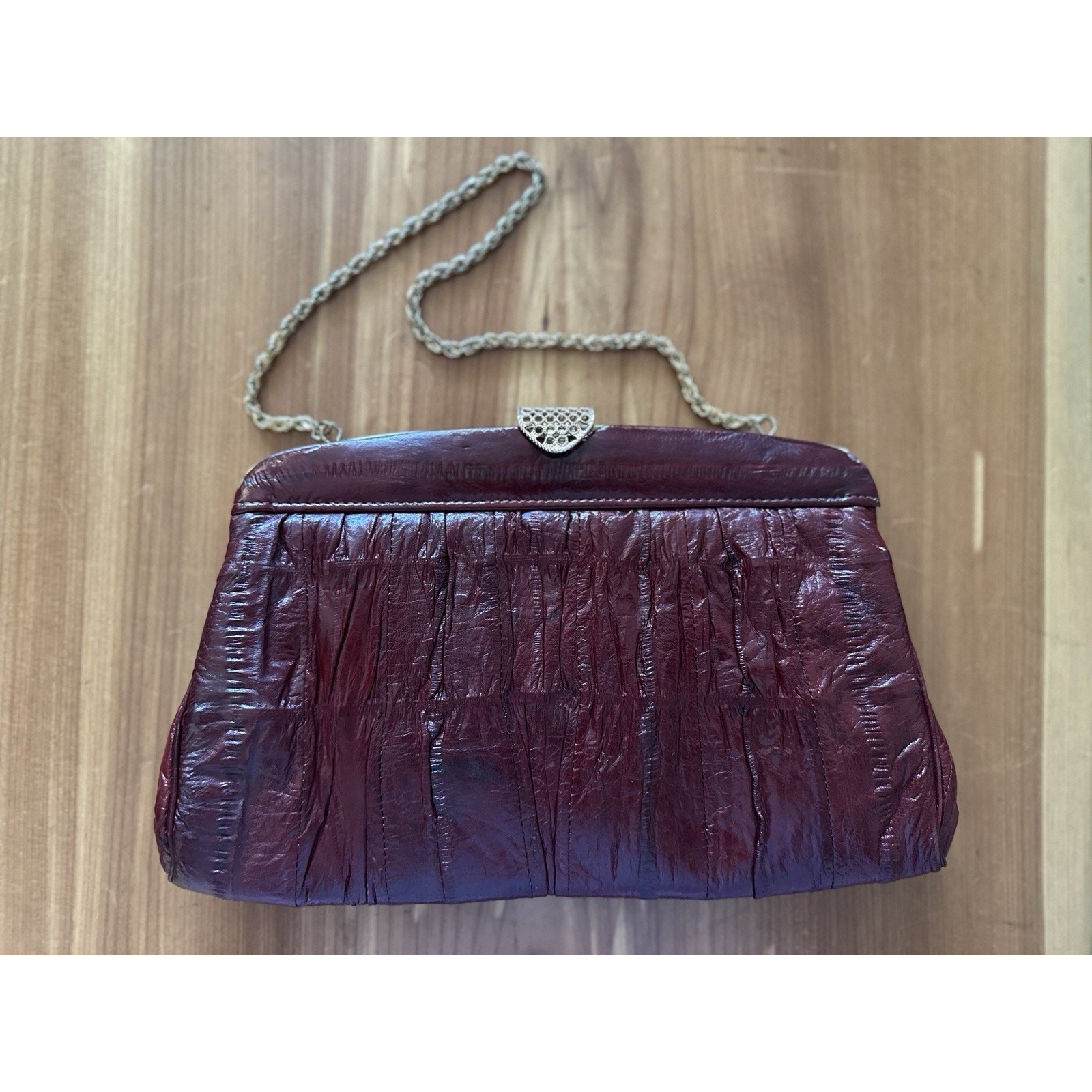 Vintage MiKwang Eel Skin Convertible Clutch, South Korea, Red, Chain Handle