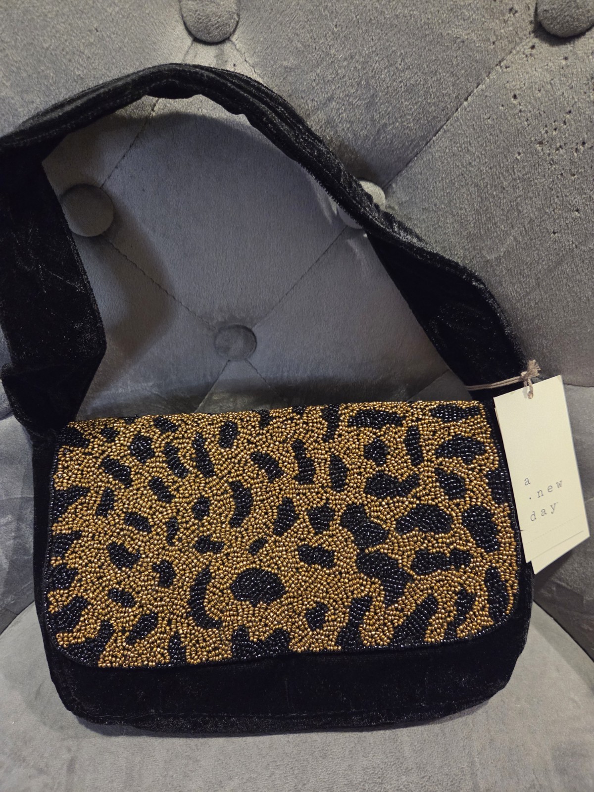 A New Day Black & Gold Beaded Velvet Leopard Print Shoulder Bag