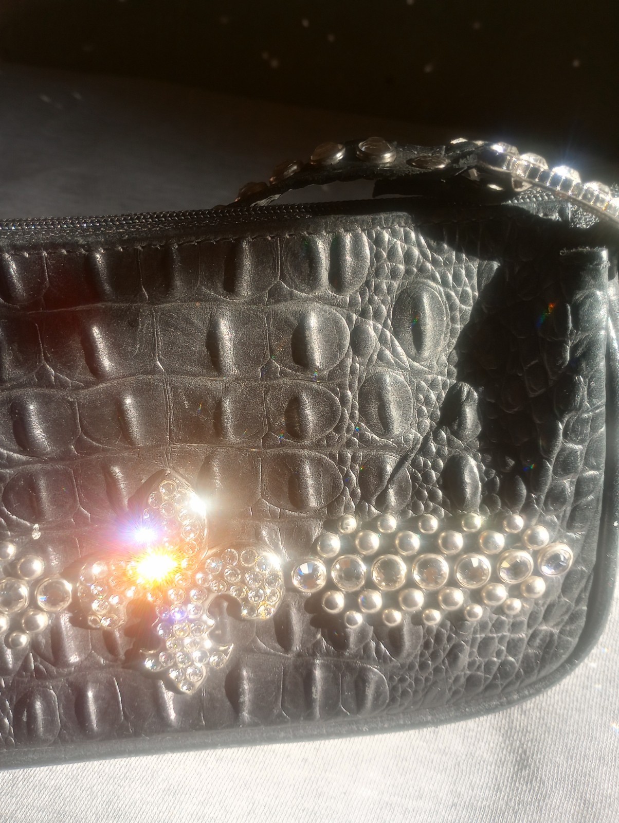 Raviani Black Croc Embossed Shoulder Bag Zip Rhinestone Fleur-de-lis