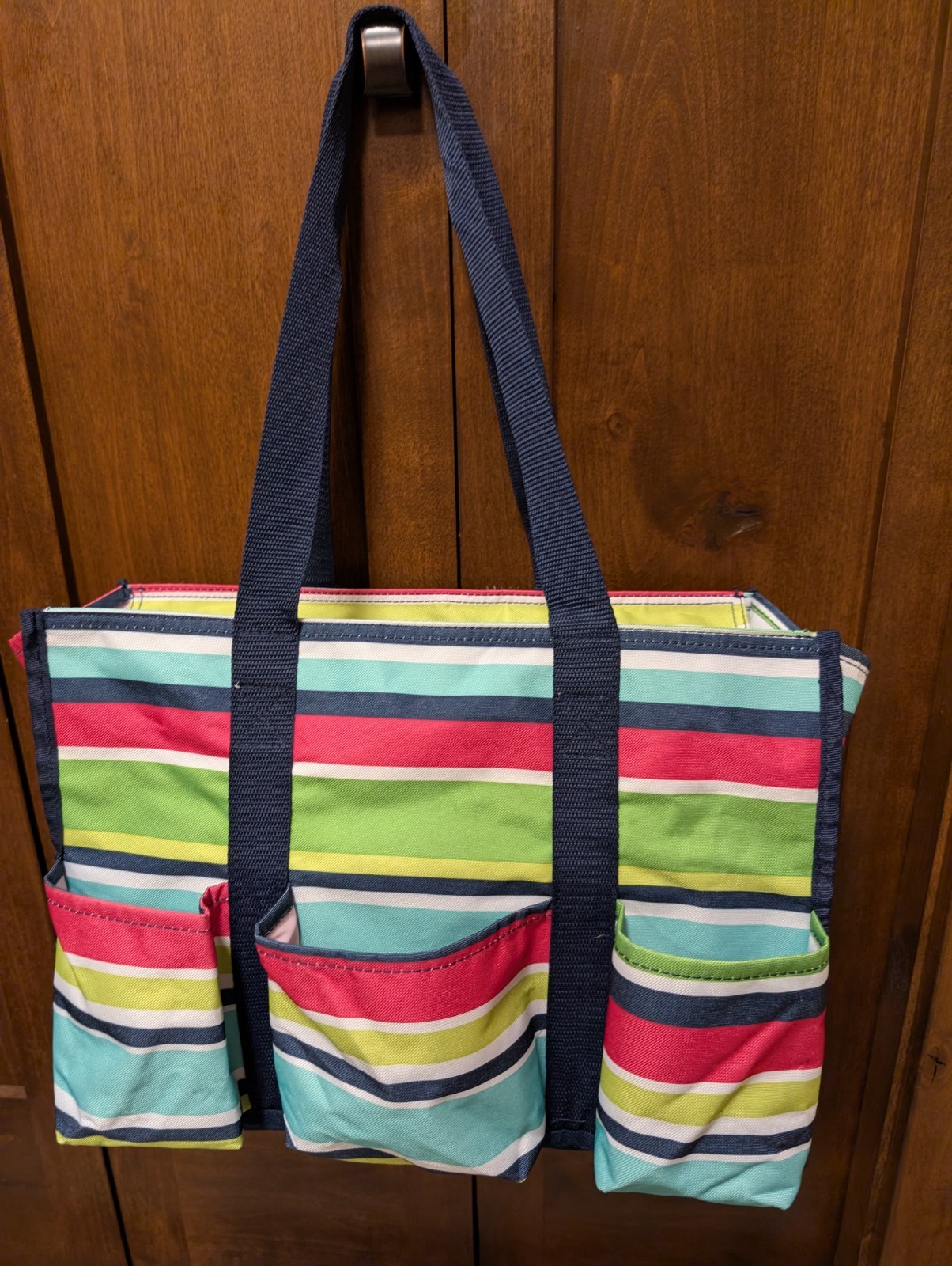 Thirty One Zip Top Organizing Utility Tote in Preppy Pop Stripes Bright Colorful