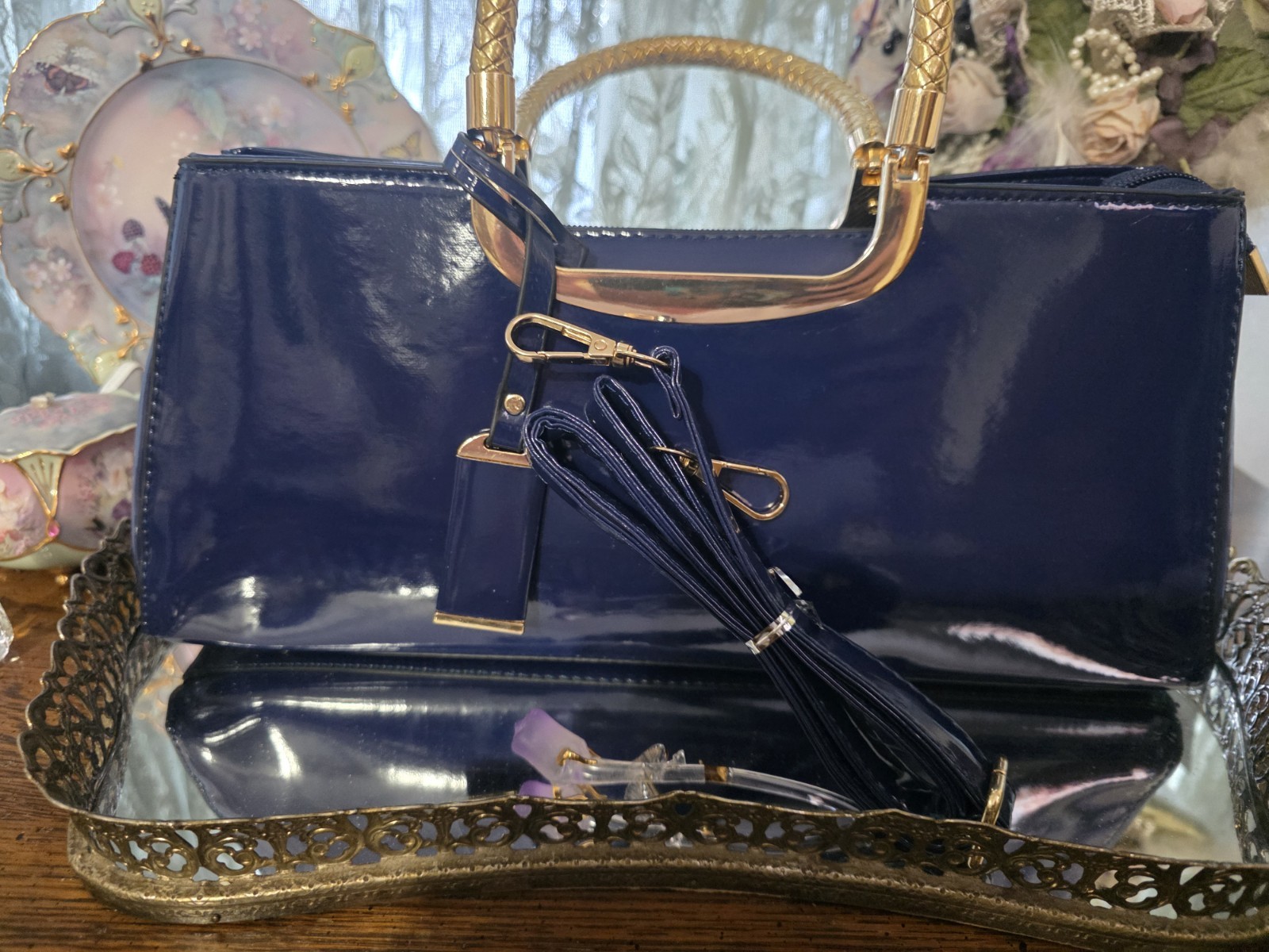 Elegant Patent Leather Bag/Crossbody Purse Glossy Royal Blue Gold Accent PU New