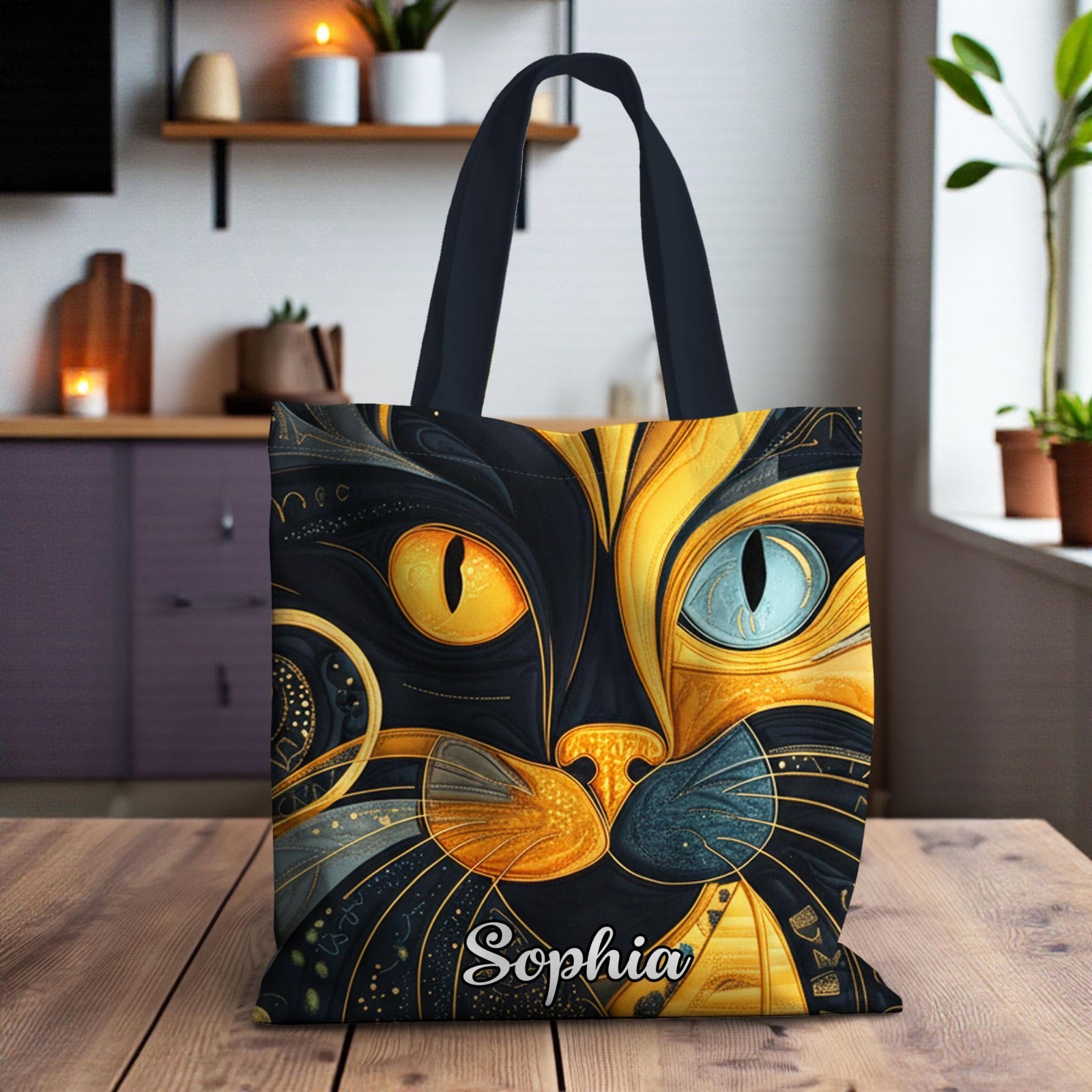 Custom Cat Tote Bag Artistic Face Design Personalized Black Gold Stylish Gift