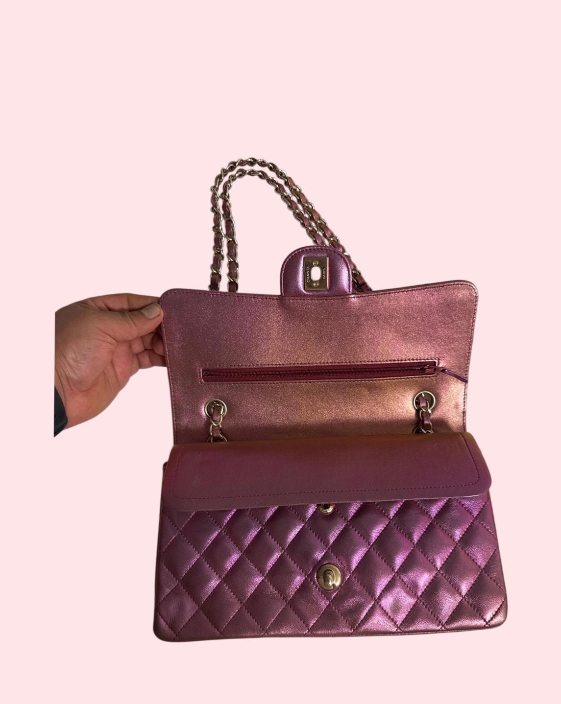 CHANEL METALLIC Purple double flap bag. AUTHENTIC