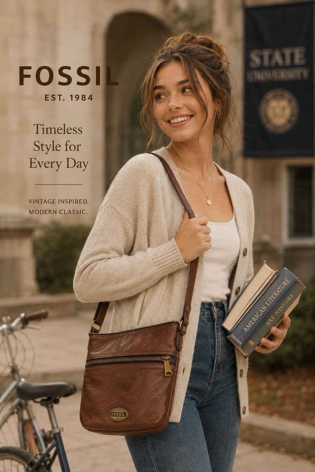 Fossil Brown Solid Zip Crossbody Bag Adjustable Strap Inner Pockets Gold
