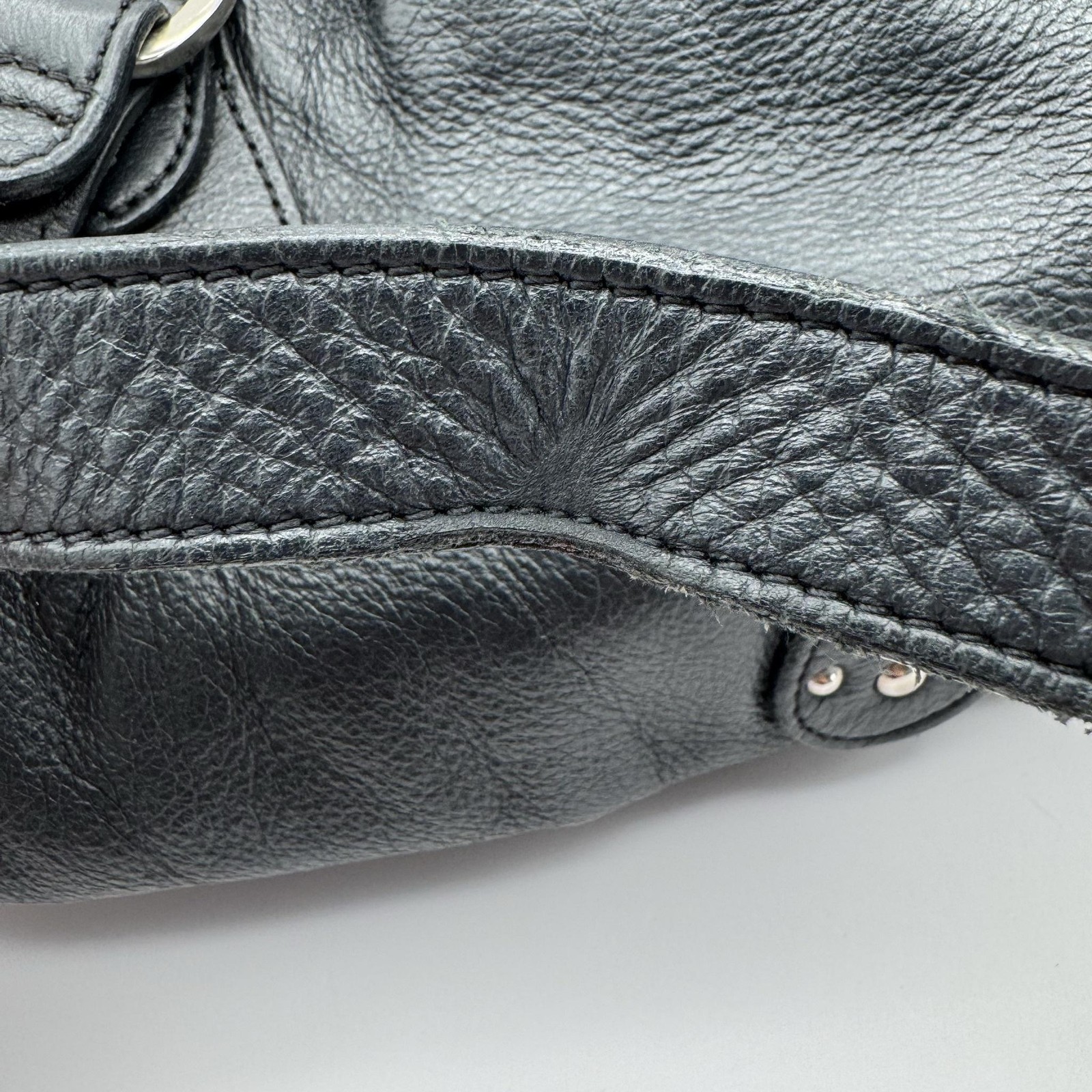 VTG Longchamp Idole Black Grained Leather Satchel Bag Studded Buckle Flap France