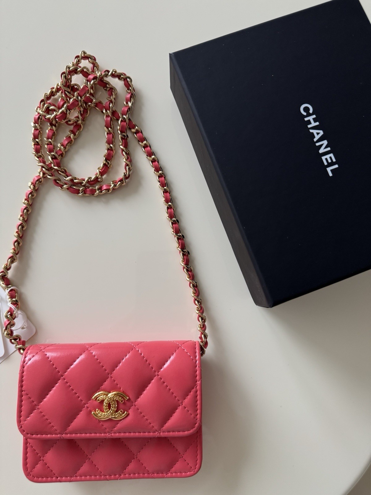 Chanel 25C PINK APRICOT WALLET ON CHAIN BAG WITH GOLD BRASS CC LOGO (NIB)