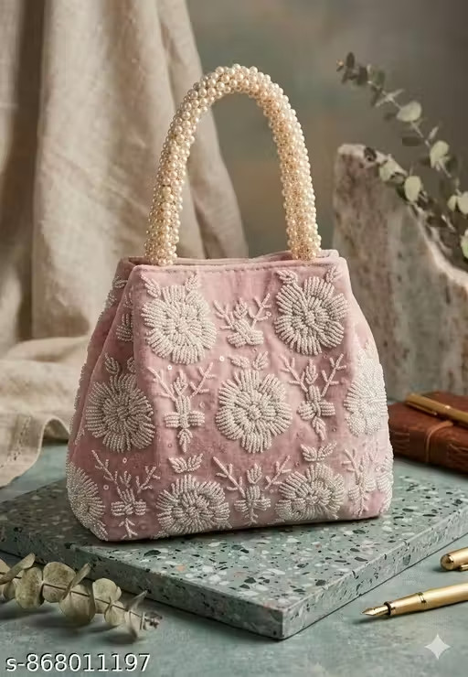 Curvique Women’s Handmade Pearl Beaded Embroidered Handbag Party Wedding Purse