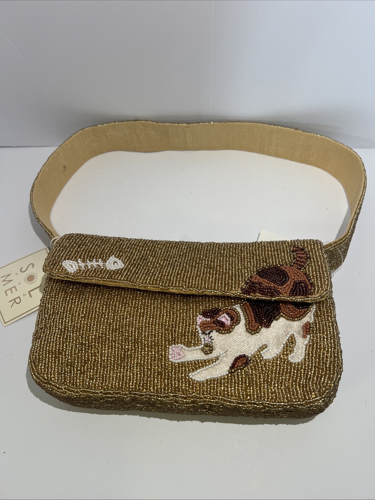 Sol and Mer Beaded Calico Cat Fishbone Shoulder Bag Gold Multi C126179 NEW