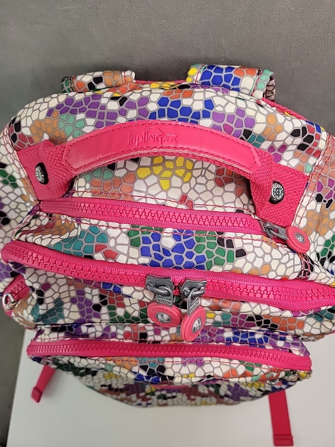 Kipling Seoul Large Laptop Backpack In Colorful Mosaic Print Muli Pockets Padded