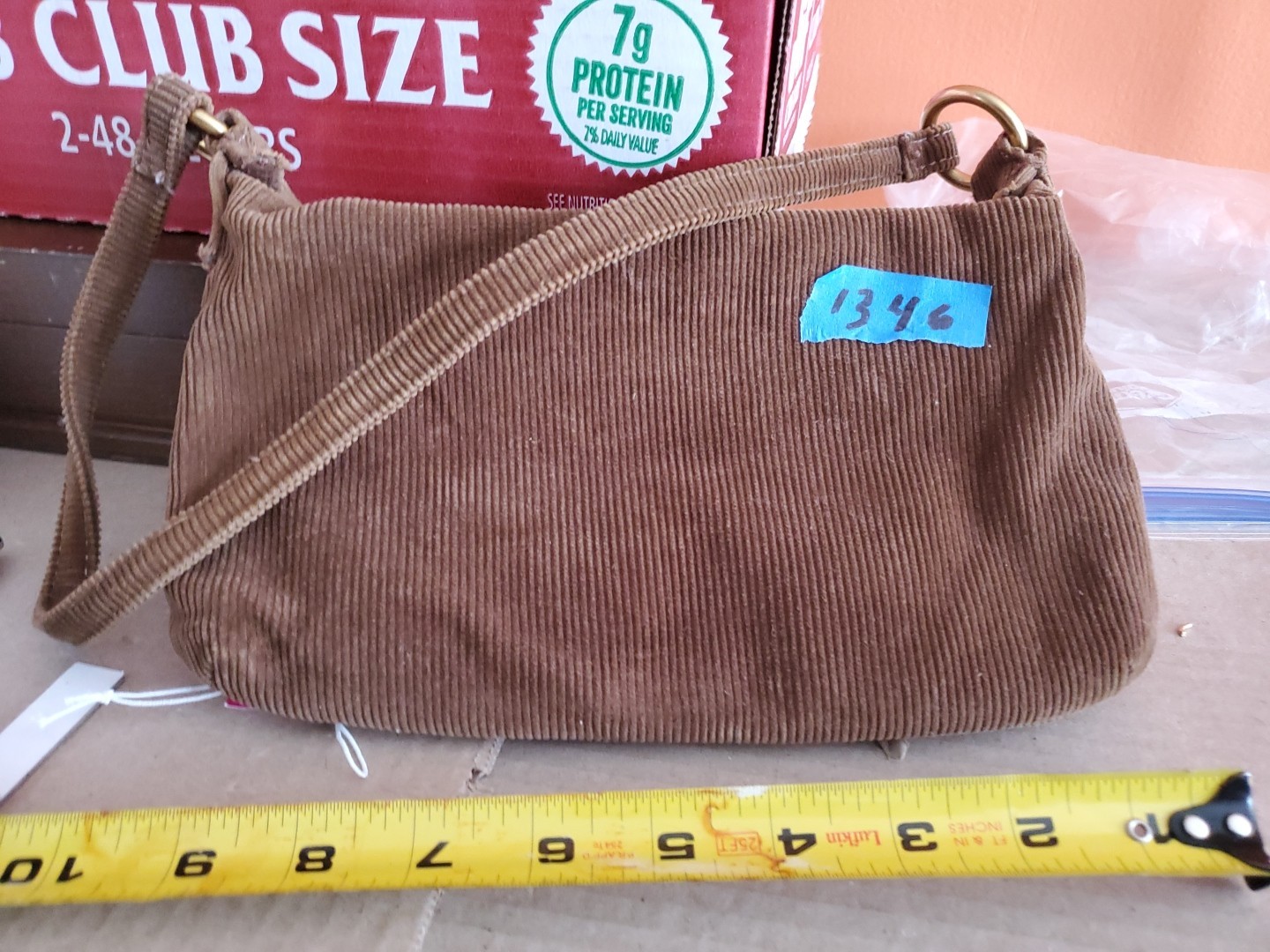 BROWN 9 INCH CORDUROY PURSE , METAL ZIPPER