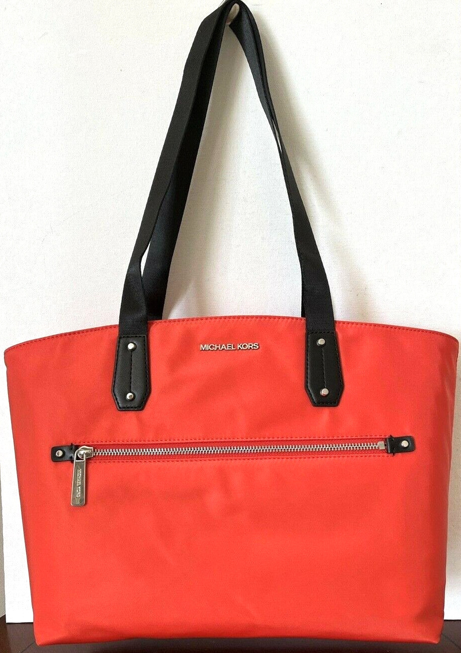 New Michael Kors Polly Medium Top Zip Nylon Tote Bag Mandarin