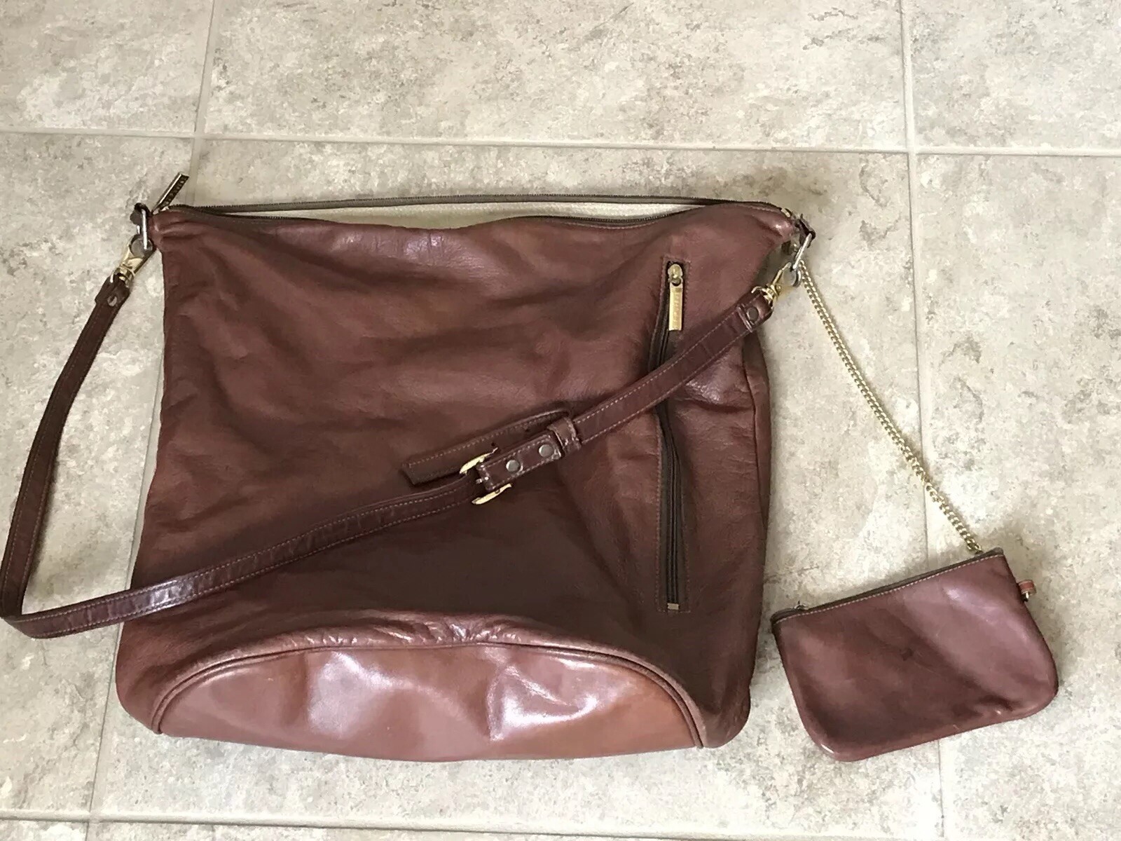 El Portal Genuine Brown Leather Shoulder Bag 1 Compartment Zippered Wallet LARGE