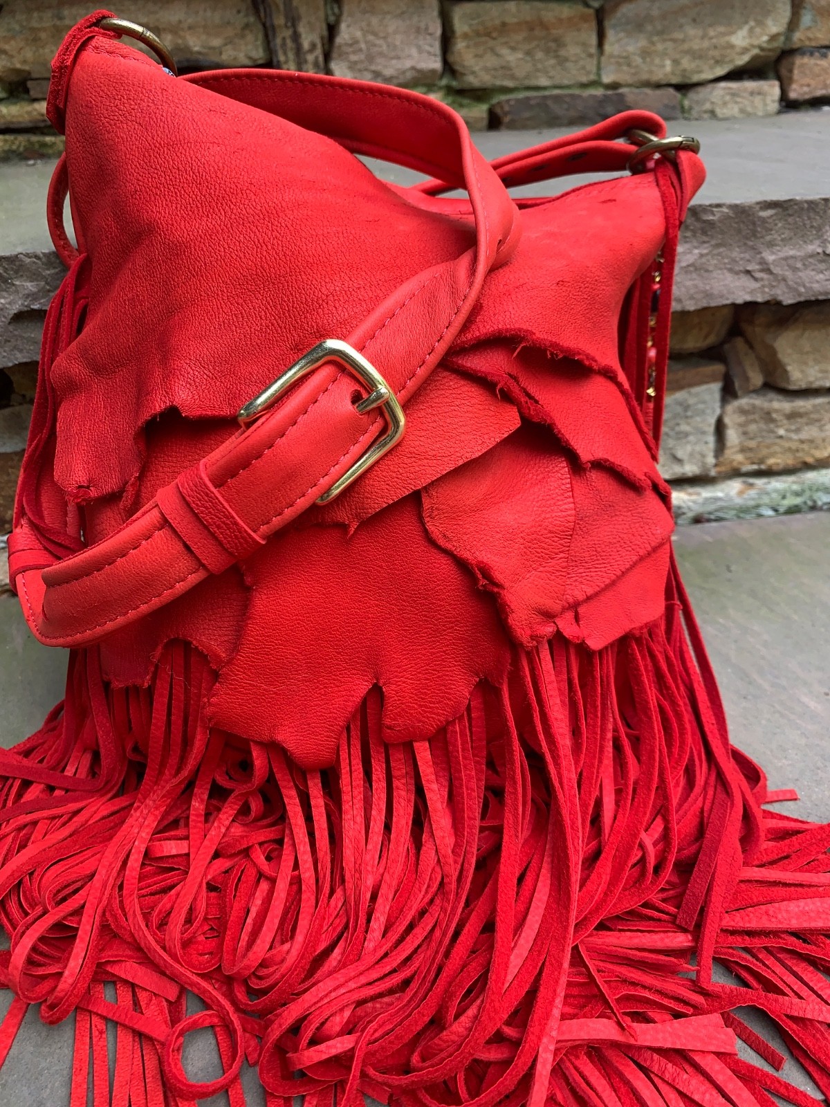 Soft RED Deerskin, beads, BOHO long fringe crossbody bag USA!