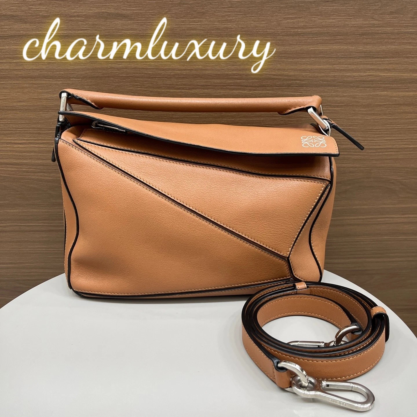 Authentic Loewe Puzzle Small Handbag Tan Brown Calfskin Leather Silver Hardware