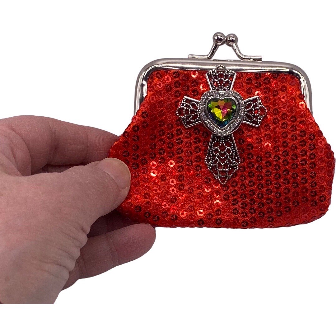Silver Cross & Red Sequin Coin Purse Sparkling Heart Snap Jewelry 18mm NEW